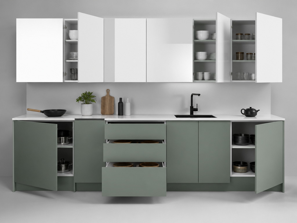 Matte sage-green kitchen base cabinets with white high-gloss uppers by FAME