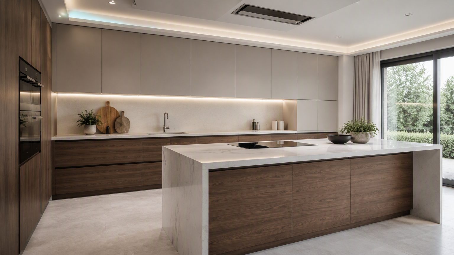 Two-tone handleless kitchen with walnut base cabinets and white quartz island by FAME
