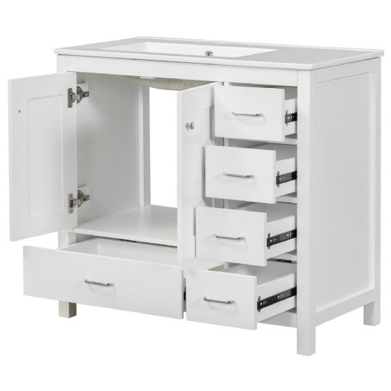 36 inch White Bathroom Vanity with Ceramic Sink Combo, Abundant Storage Cabinet -2 Soft-close doors and 5 drawers view 4