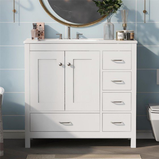 36 inch White Bathroom Vanity with Ceramic Sink Combo, Abundant Storage Cabinet -2 Soft-close doors and 5 drawers | FAME OEM Bathroom Vanity Manufacturer — FAME OEM bathroom vanity