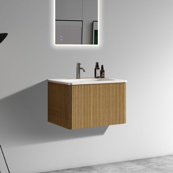 24 inch Striped Natural Oak Bathroom Vanity with White Ceramic Sink, Wall Mounted Floating Bathroom Vanity for Modern Bathroom, Pre-assembled view 4