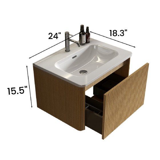 24 inch Striped Natural Oak Bathroom Vanity with White Ceramic Sink, Wall Mounted Floating Bathroom Vanity for Modern Bathroom, Pre-assembled view 2