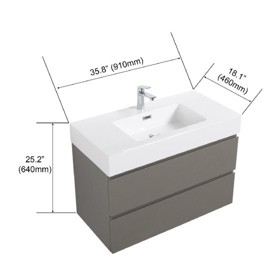 36 inch Gray Bathroom Vanity with Sink, Large Storage Wall Mounted Floating Bathroom Vanity for Modern Bathroom, One-Piece White Sink Basin without Drain and Faucet, Pre-assembled view 2