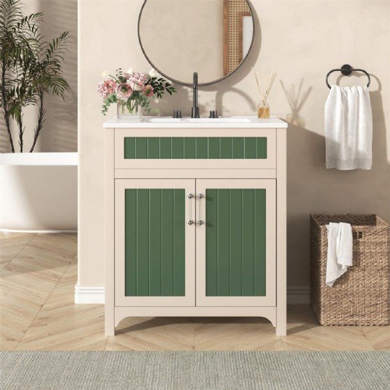 30 inch Bathroom Vanity Cabinet with Ceramic Sink Combo Set, Solid Wood Frame Modern Bathroom Storage Cabinet with Height Adjustable Shelf | FAME OEM Bathroom Vanity Manufacturer — FAME OEM bathroom vanity