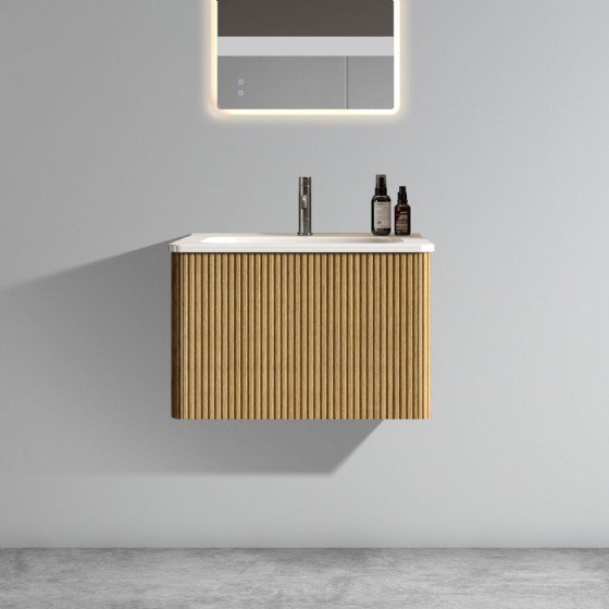 24 inch Striped Natural Oak Bathroom Vanity with White Ceramic Sink, Wall Mounted Floating Bathroom Vanity for Modern Bathroom, Pre-assembled | FAME OEM Bathroom Vanity Manufacturer — FAME OEM bathroom vanity
