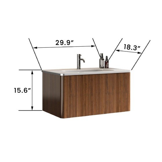 30 inch Striped Walnut Bathroom Vanity with White Ceramic Sink, Wall Mounted Floating Bathroom Vanity for Modern Bathroom, Pre-assembled view 4
