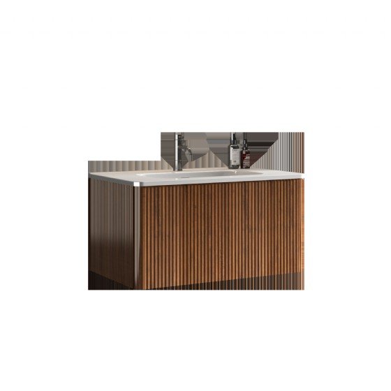 30 inch Striped Walnut Bathroom Vanity with White Ceramic Sink, Wall Mounted Floating Bathroom Vanity for Modern Bathroom, Pre-assembled view 3