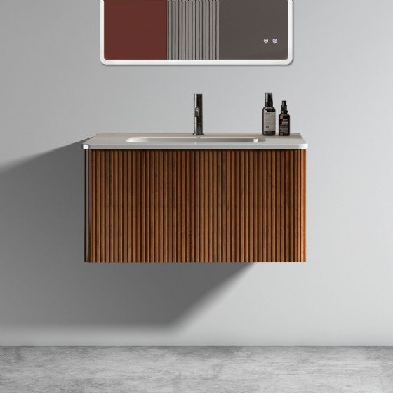 30 inch Striped Walnut Bathroom Vanity with White Ceramic Sink, Wall Mounted Floating Bathroom Vanity for Modern Bathroom, Pre-assembled | FAME OEM Bathroom Vanity Manufacturer — FAME OEM bathroom vanity
