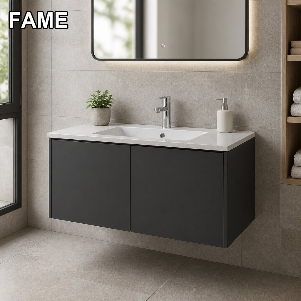 1000mm Anthracite Handleless Wall-Hung Vanity — Quartz Top + Ceramic Basin in a real bathroom setting