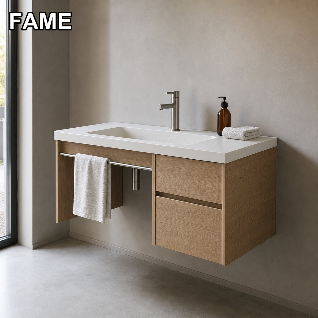 1000 mm Barrier-Free Wall-Hung Vanity — Natural Oak with a Cast-Mineral Basin in a real bathroom setting