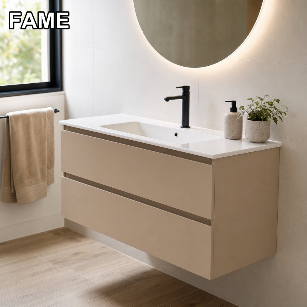 1000mm Beige Vanity — Integrated Basin Top, Warm Minimal in a real bathroom setting
