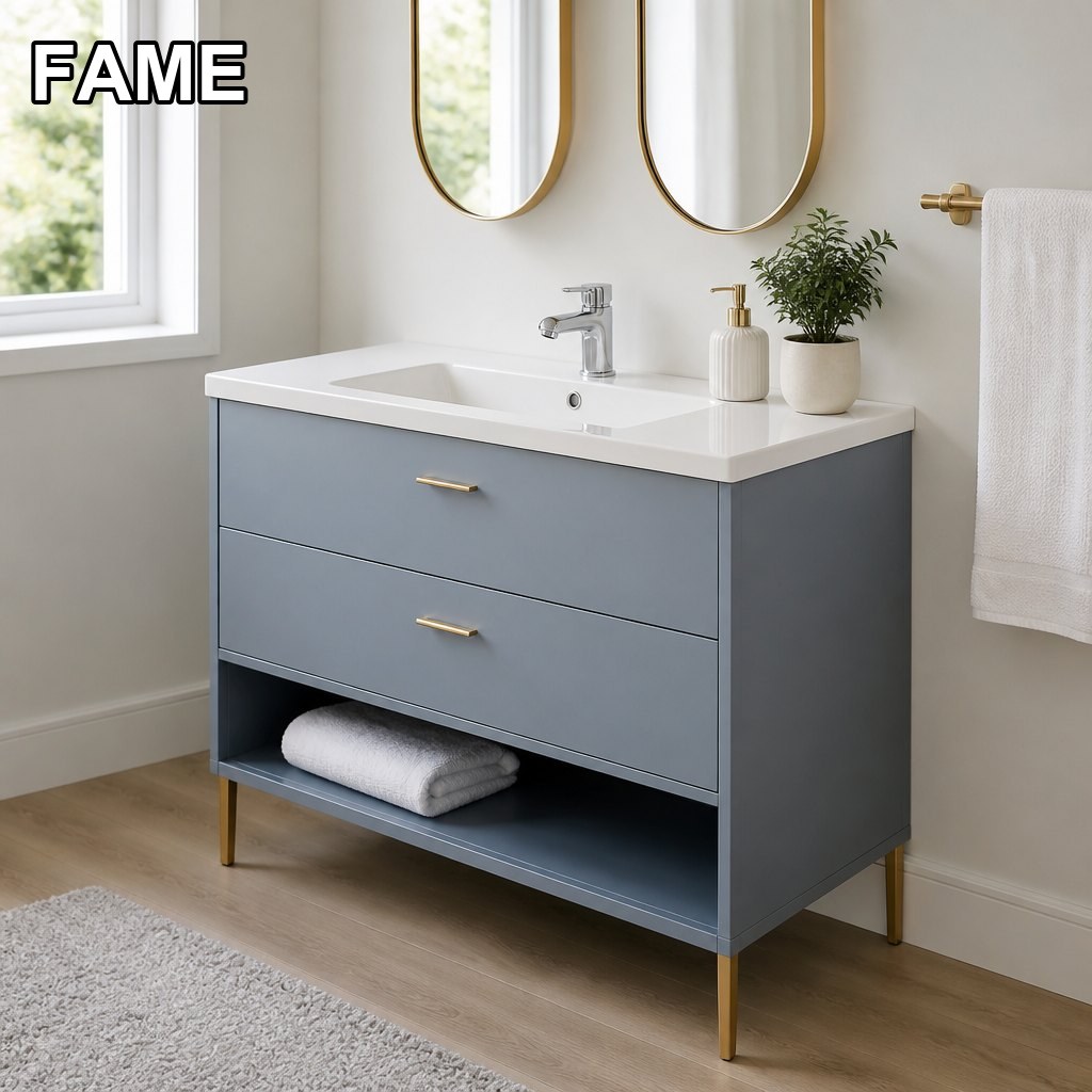 1000mm Blue-Grey Vanity — Gold Legs, Open Shelf, Integrated Sink in a real bathroom setting