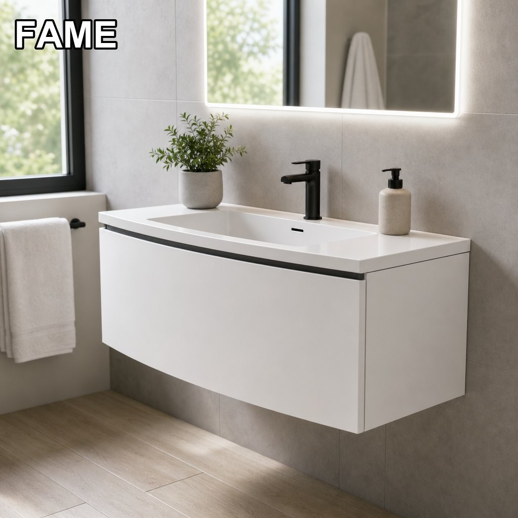 1000mm Bowed-Front Vanity — Gently Curved Drawer Face in a real bathroom setting
