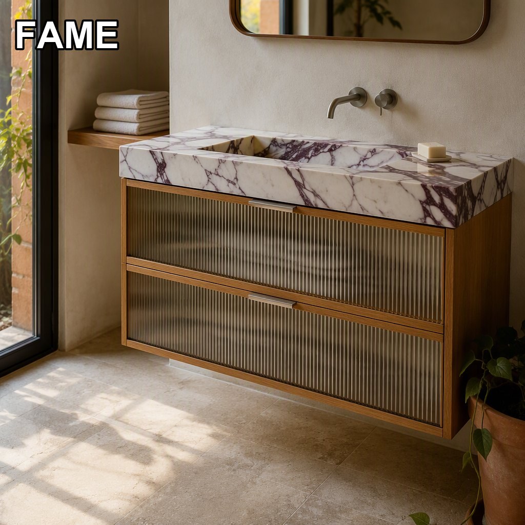 1000mm Calacatta Viola Vanity — Reeded Glass in a Warm Oak Frame in a real bathroom setting