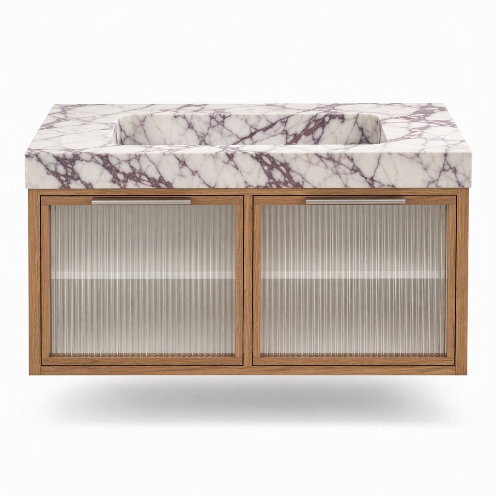 1000mm Calacatta Viola Vanity — Reeded Glass in a Warm Oak Frame — FAME bathroom cabinet manufacturer