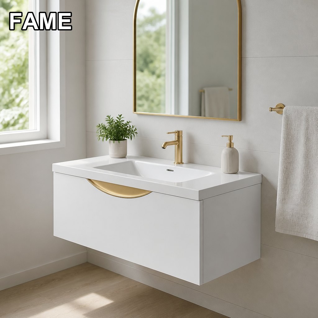 1000mm Crescent Gold-Trim Vanity — Sculptural Arc Accent in a real bathroom setting