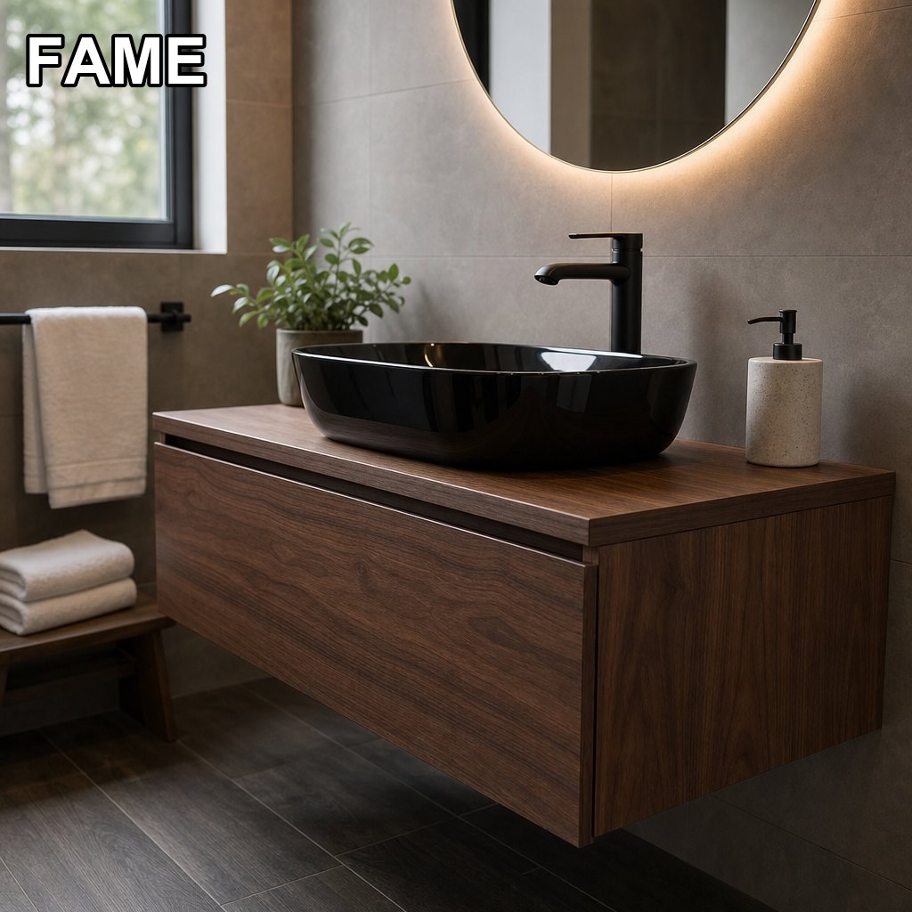 1000mm Dark Walnut Vanity — Black Basin, Matte Black Faucet in a real bathroom setting