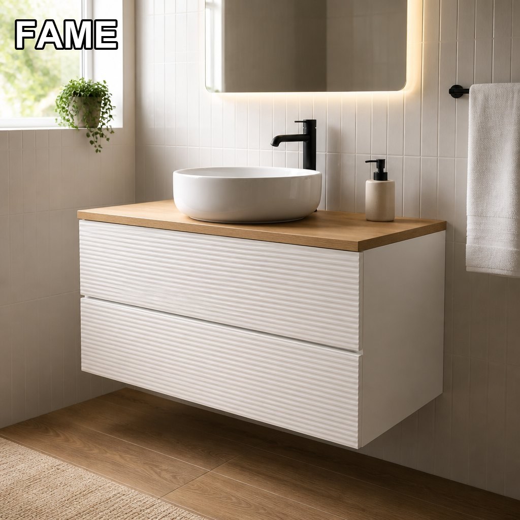 1000mm Horizontal-Groove Vanity — Ribbed Drawer Texture in a real bathroom setting