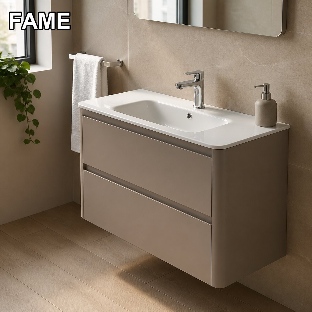 1000mm Mocha Wall-Hung Vanity — Rounded Profile, Ceramic Basin in a real bathroom setting