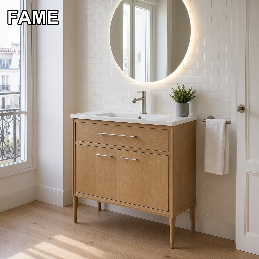 1000mm Freestanding Oak Console Vanity — White Ceramic Countertop Basin in a real bathroom setting
