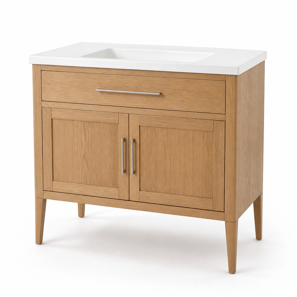 1000mm Freestanding Oak Console Vanity — White Ceramic Countertop Basin — FAME bathroom cabinet manufacturer