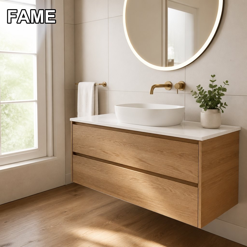 1000mm Wall-Hung Oak Vanity — White Quartz Top, Ceramic Vessel Basin in a real bathroom setting
