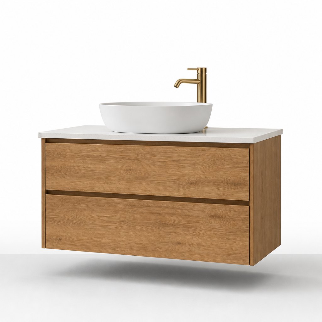 1000mm Wall-Hung Oak Vanity — White Quartz Top, Ceramic Vessel Basin — FAME bathroom cabinet manufacturer
