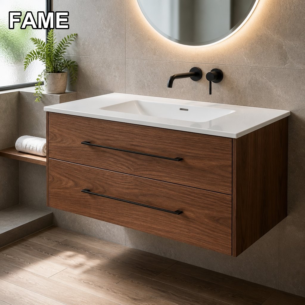 1000mm Wall-Hung Walnut Vanity — One-Piece Quartz Slab Top in a real bathroom setting