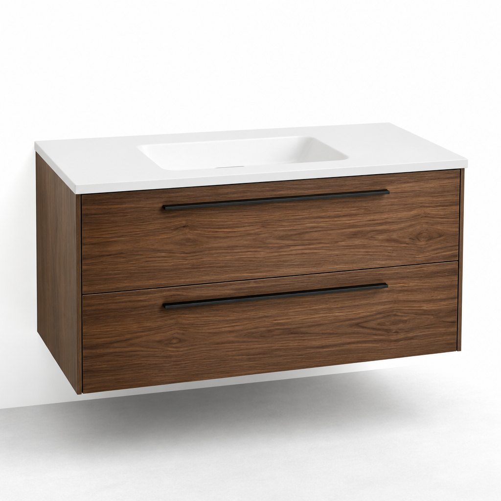 1000mm Wall-Hung Walnut Vanity — One-Piece Quartz Slab Top — FAME bathroom cabinet manufacturer