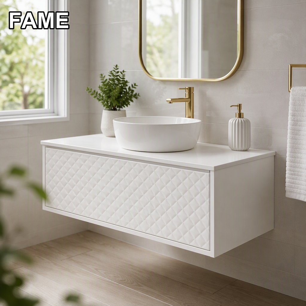 1000mm Quilted White Vanity — Diamond Relief, Gold Accents in a real bathroom setting