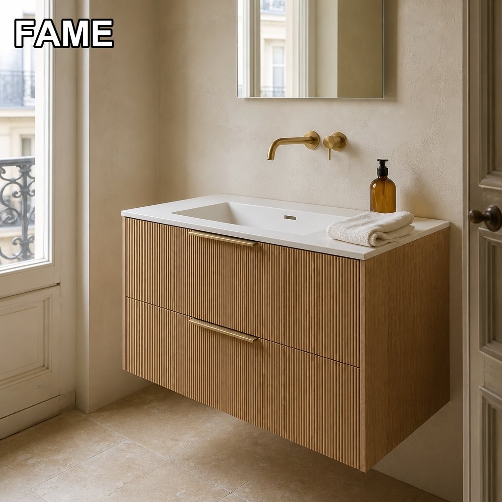 1000 mm Reeded White Oak Wall-Hung Vanity — Quartz Top, Dovetail Drawers in a real bathroom setting
