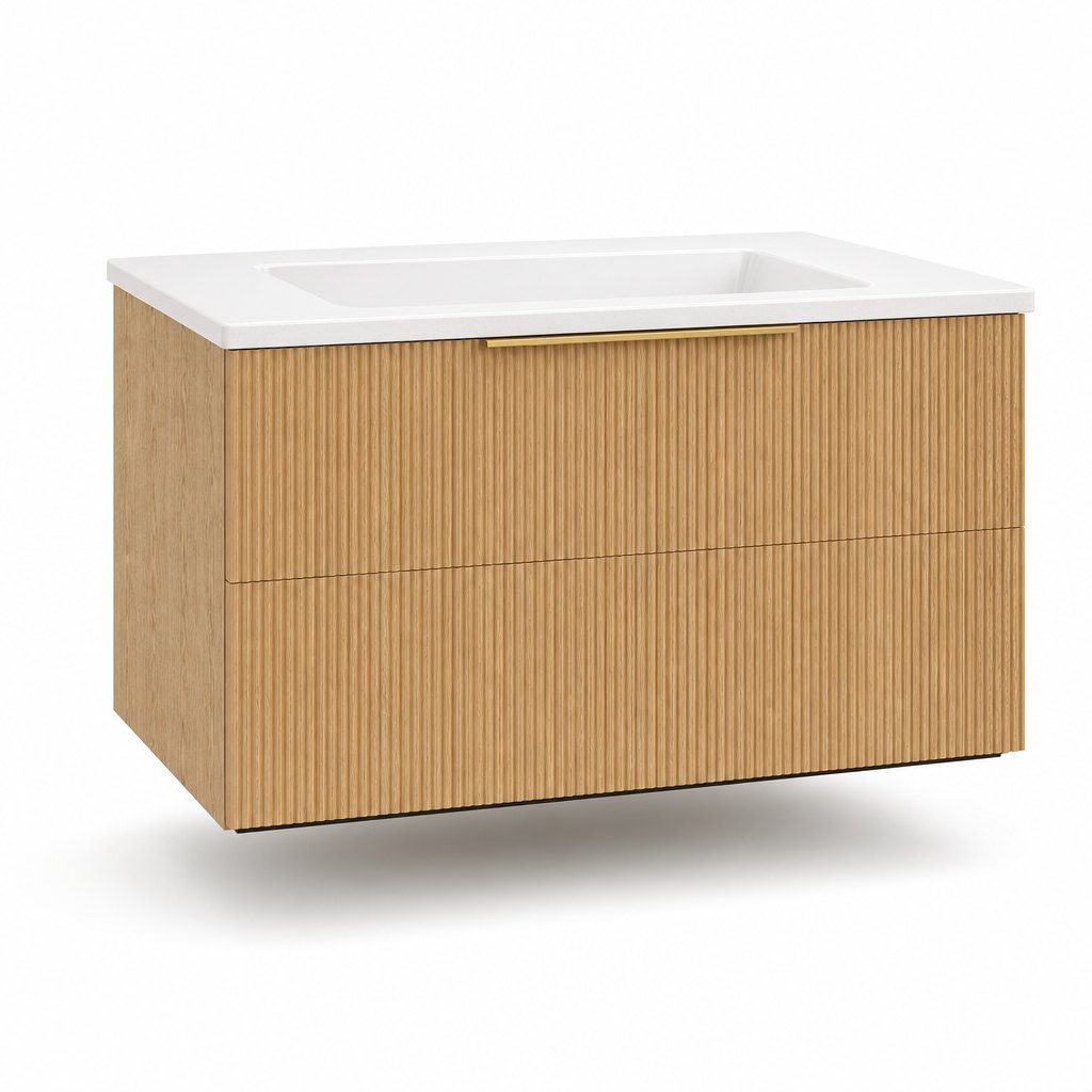 1000 mm Reeded White Oak Wall-Hung Vanity — Quartz Top, Dovetail Drawers — FAME bathroom cabinet manufacturer