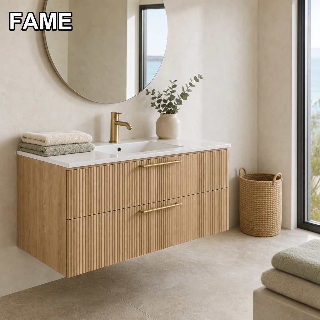 1000 mm Sand-Oak Fluted Wall-Hung Vanity — Integrated Ceramic Basin in a real bathroom setting