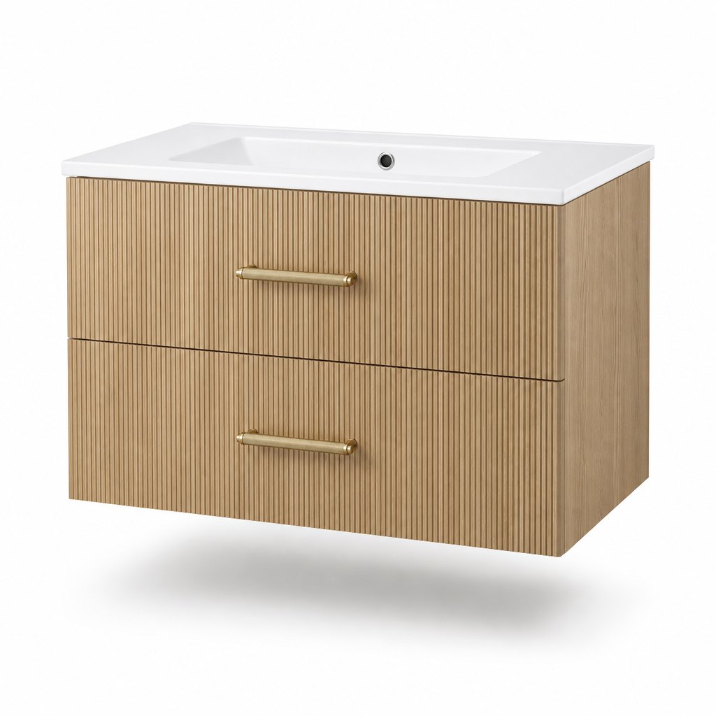 1000 mm Sand-Oak Fluted Wall-Hung Vanity — Integrated Ceramic Basin — FAME bathroom cabinet manufacturer