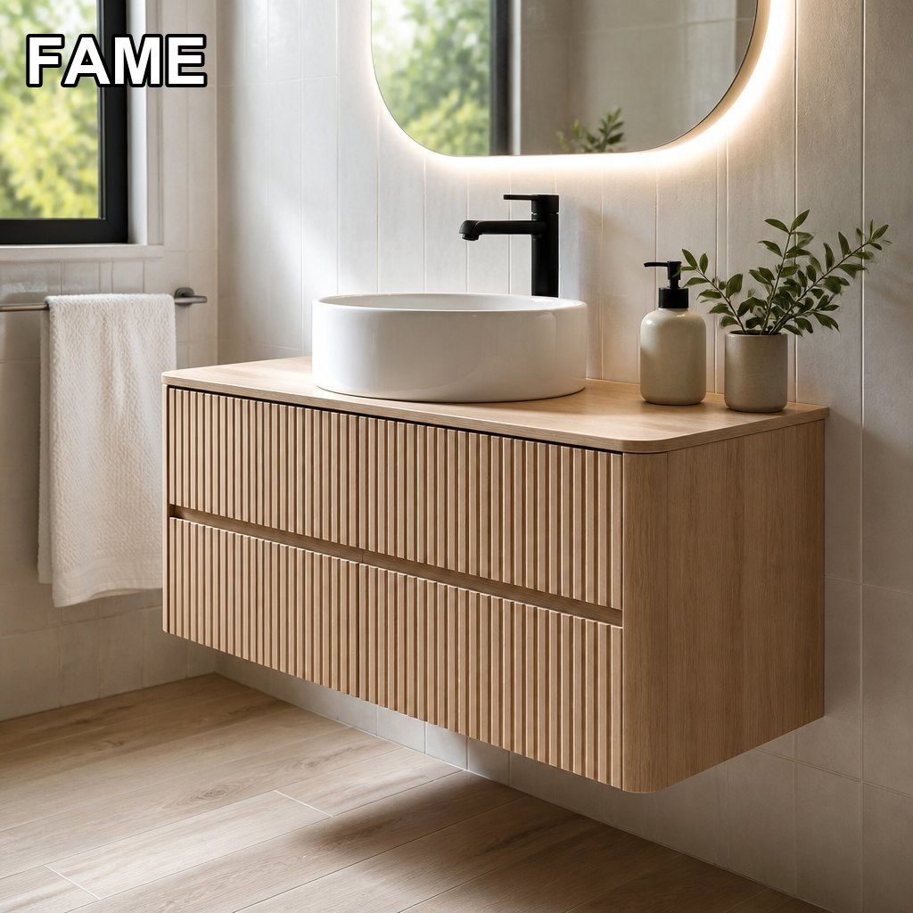 1000mm Slat-Edge Rounded Vanity — Slatted Maple, Soft Corners in a real bathroom setting