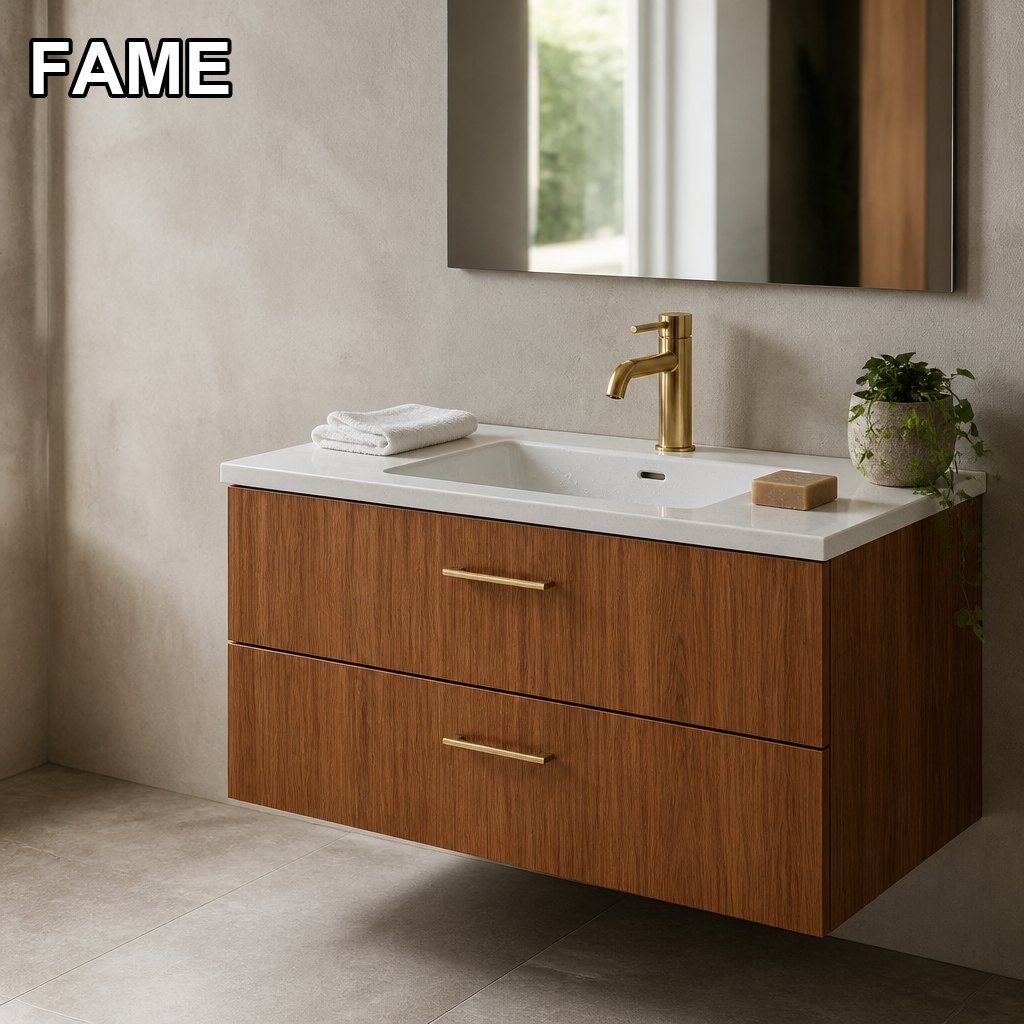1000 mm Teak Wood Floating Vanity — White Sintered Stone Top in a real bathroom setting