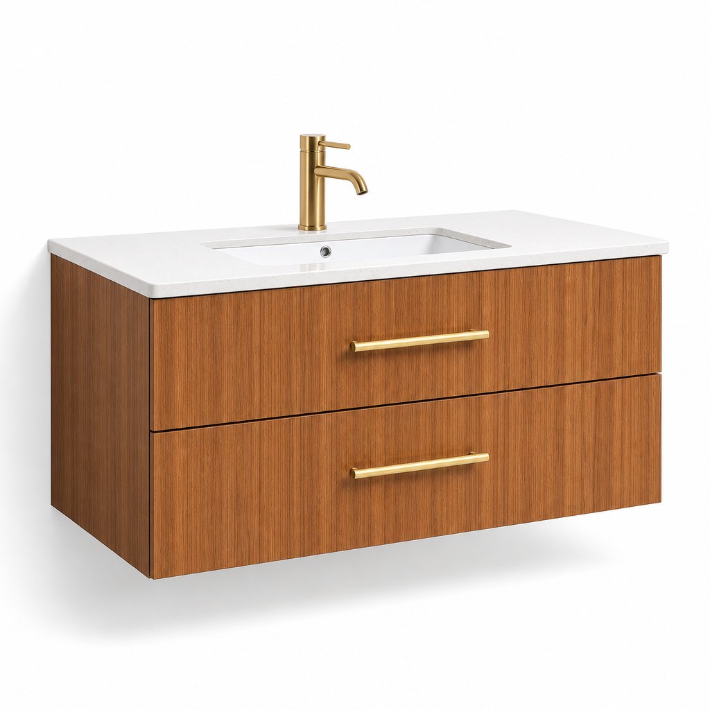 1000 mm Teak Wood Floating Vanity — White Sintered Stone Top — FAME bathroom cabinet manufacturer