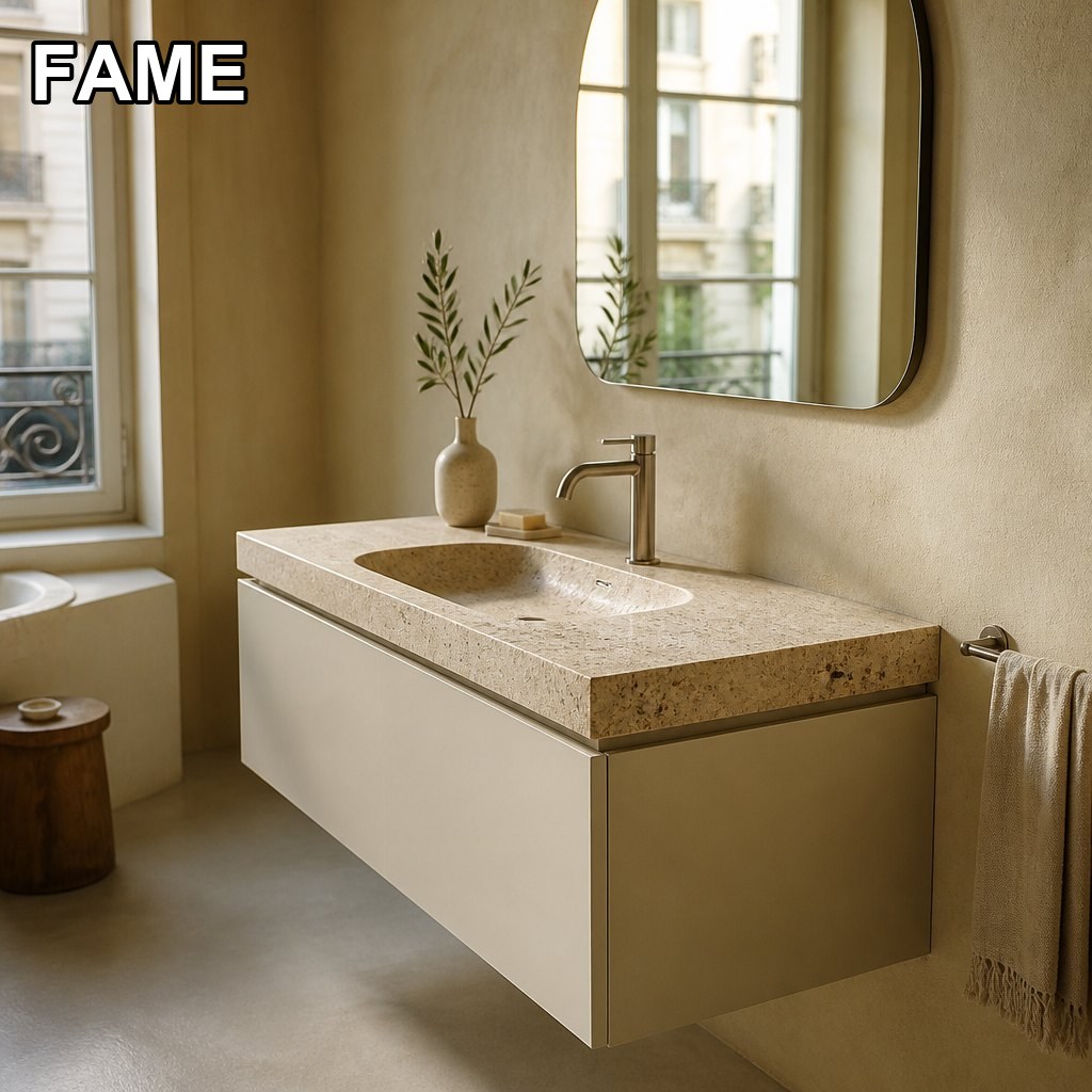 1000 mm Wall-Hung Vanity with a Travertine Slab Carved into the Basin in a real bathroom setting