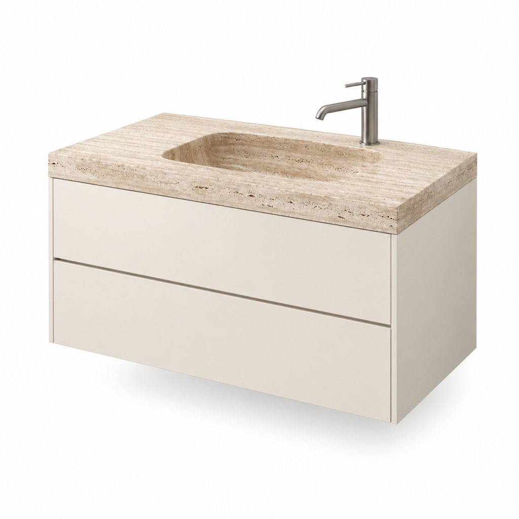 1000 mm Wall-Hung Vanity with a Travertine Slab Carved into the Basin — FAME bathroom cabinet manufacturer