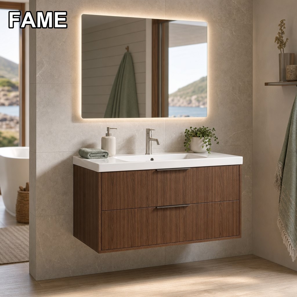 1000mm Walnut Wall-Hung Vanity — Vertical Wood-Grain + Smart LED Mirror Cabinet in a real bathroom setting