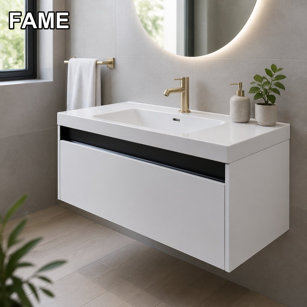 1000mm White Vanity — Black Accent Shelf, Integrated Basin in a real bathroom setting