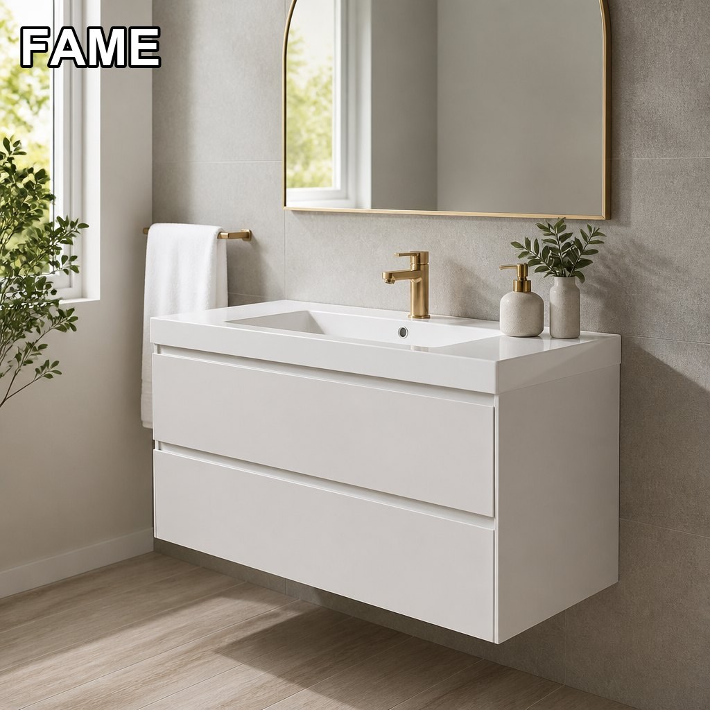 1000mm White Vanity — Gold Faucets, Arch Mirror in a real bathroom setting