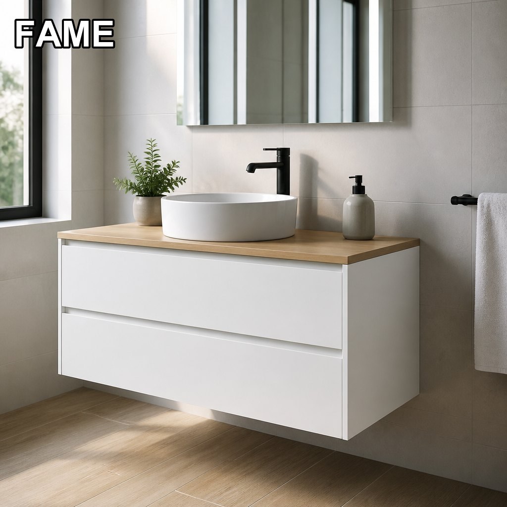 1000mm White Vanity — Light Oak Top, Vessel Basin in a real bathroom setting