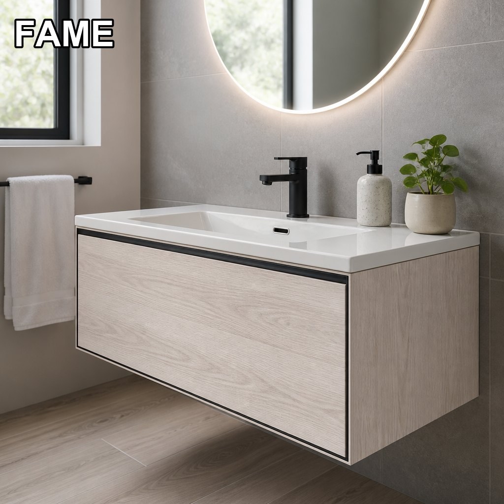 1000mm White-Oak Trim Vanity — Light Timber, Black Trim in a real bathroom setting