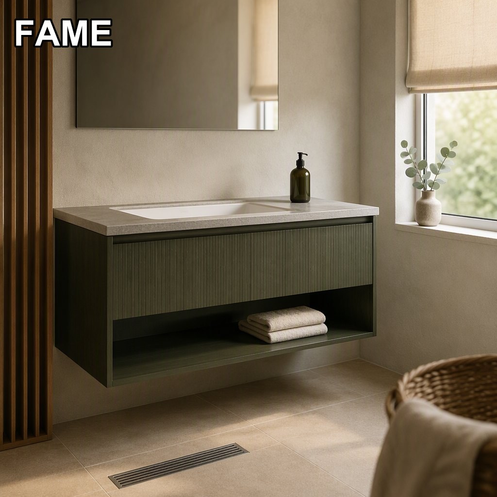 1100 mm Olive Wood-Grain Floating Vanity with an Open Shelf in a real bathroom setting