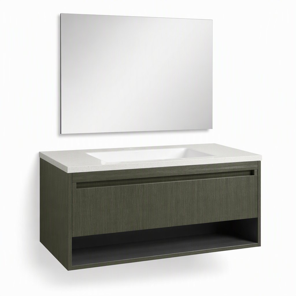 1100 mm Olive Wood-Grain Floating Vanity with an Open Shelf — FAME bathroom cabinet manufacturer