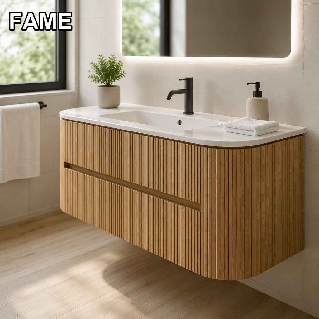 1200mm Arc-Side Fluted Vanity — Curve-Following Texture in a real bathroom setting