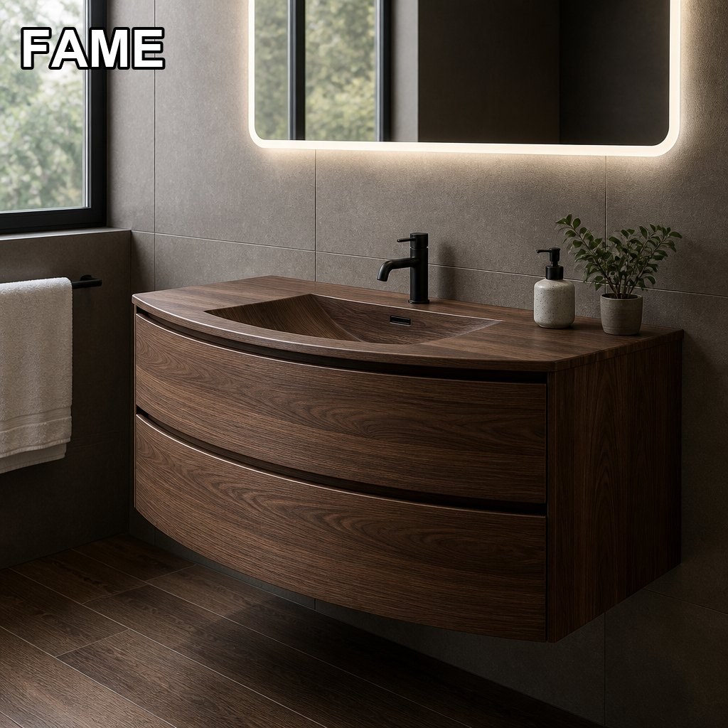 1200mm Barrel Curved Vanity — Wrap-Around Walnut Silhouette in a real bathroom setting