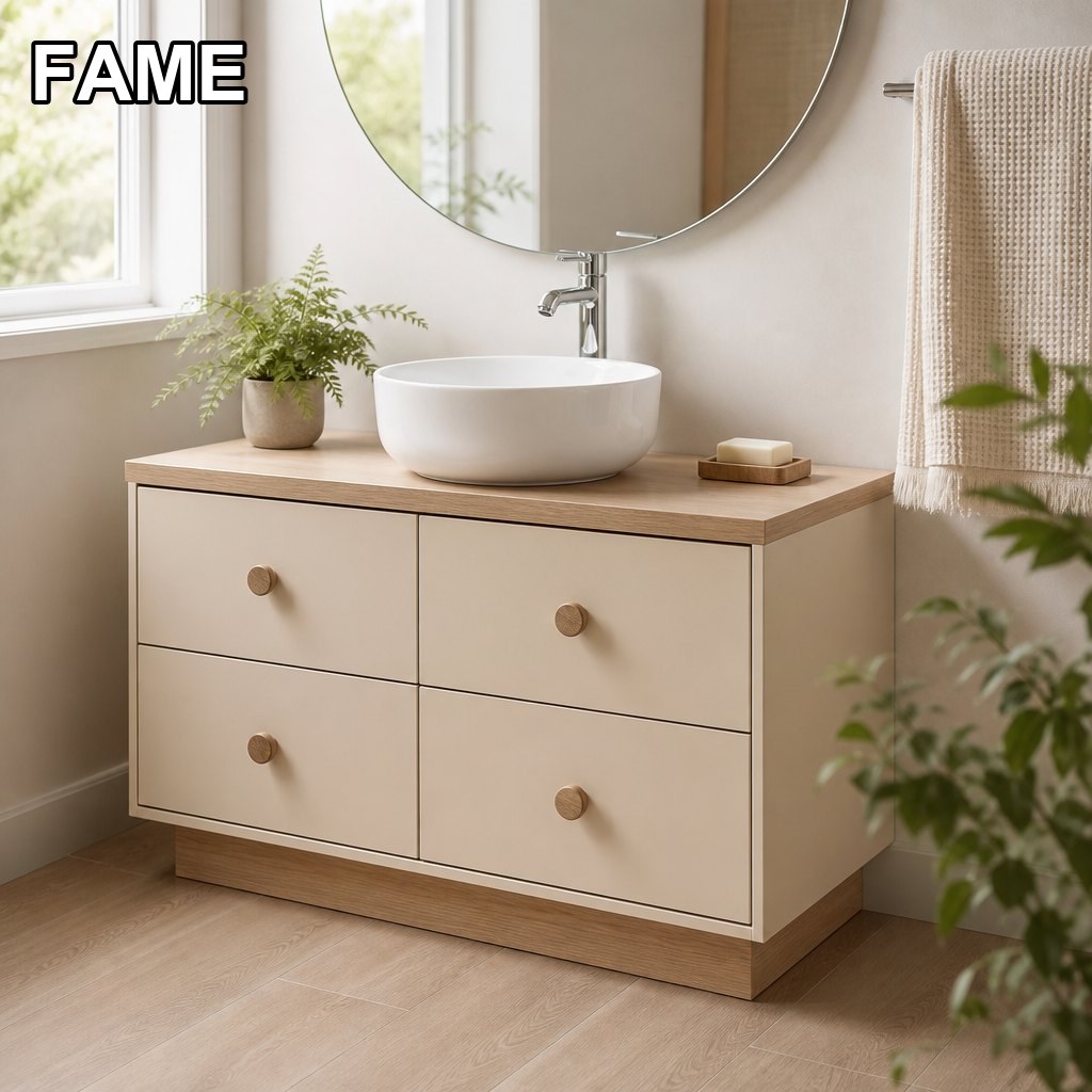 1200mm Beige Wood-Tone Vanity — Wood-Grain Top, Round Vessel Basin in a real bathroom setting
