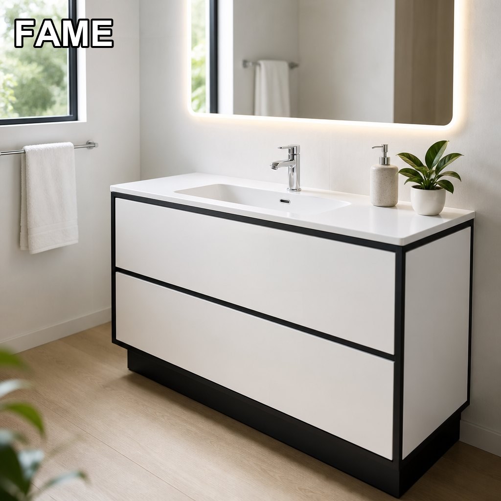 1200mm Black-Band White Vanity — Contrast Frame & Base in a real bathroom setting